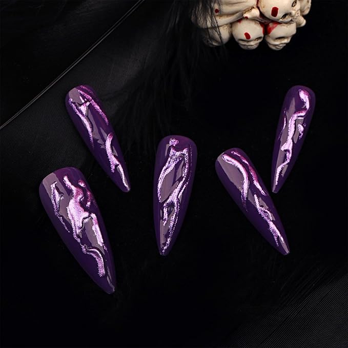 IMRAIN Press on Nails Long Stiletto Fake Nails Gel Glossy Full Cover Purple Aurora False Nails with 3D Line Designs Stick on Nails for Women Girls 24Pcs