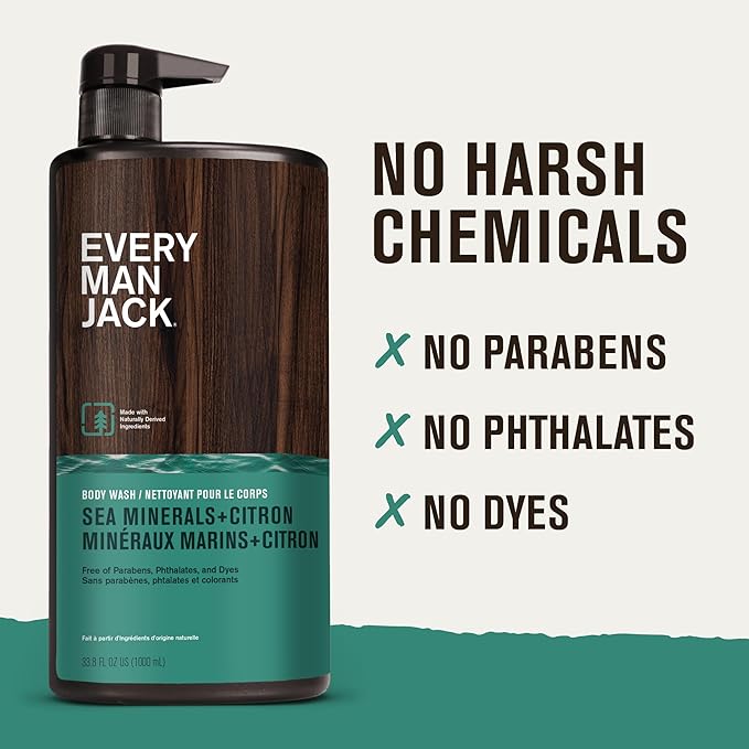 Every Man Jack Men’s Hydrating Body Wash for All Skin Types - Cleanse and Hydrate Skin with Naturally Derived Marine Extracts, Coconut Oil, and a Sea Minerals + Citron Scent - 33.8 fl. oz. - 2 Bottle