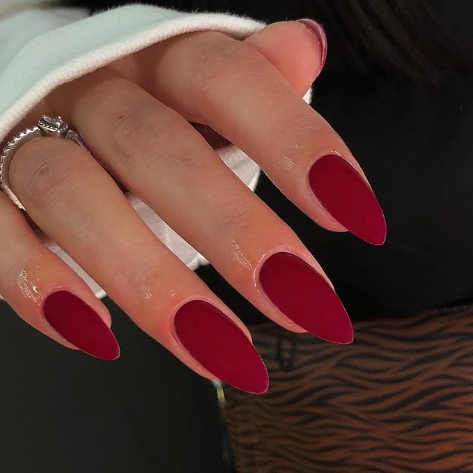 48pcs Matte Red Press-on Nails - Almond Shaped, Stiletto False Nails, Medium Length, Thick Natural Gel Acrylic Finish