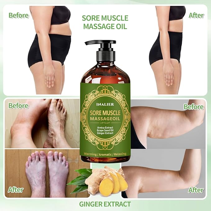 Massage Oil for Massage Therapy,Christmas Massage Gifts for Women Men, 3 Pack Cellulite,Lymphatic Drainage-Ginger Oil Sore Muscle Arnica Oil & Lavender Massage Body Oil with Massage Ball,