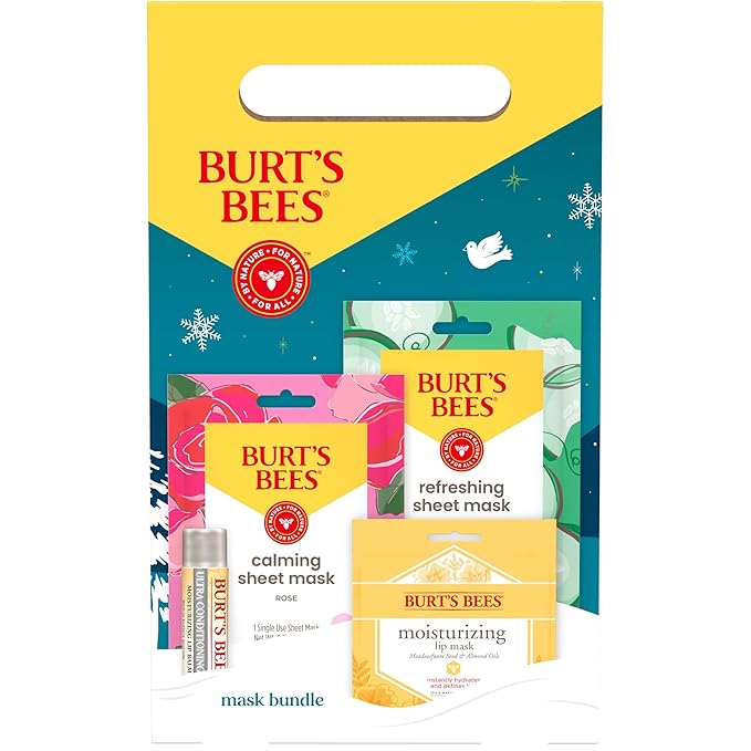 Burt’s Bees Mask Bundle Gift Set; , Ultra Conditioning Lip Balm and Moisturizing Lip, Refreshing Sheet and Calming Sheet Masks; Festive Packaging; 1 Gift Set (Pack of 6)