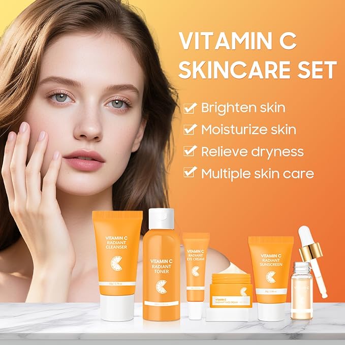 6 Pcs -Vitamin C Skincare Set for Face - with Cleanser, Serum, Eye Cream, Moisturizer, Sunscreen & Toner | Brightening, Hydrating& Anti-Aging,Perfect for Teens & Girls,Moisturizing Face Skin Care Kit