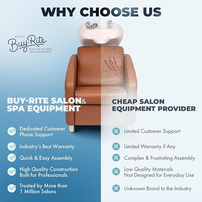 Buy-Rite Icon Shampoo Backwash Unit for Salons & Barbers, Extra Wide Seat, Tilting Porcelain Sink, Lumbar Support, Camel Vinyl Upholstery, YLG-192-BW, White Bowl