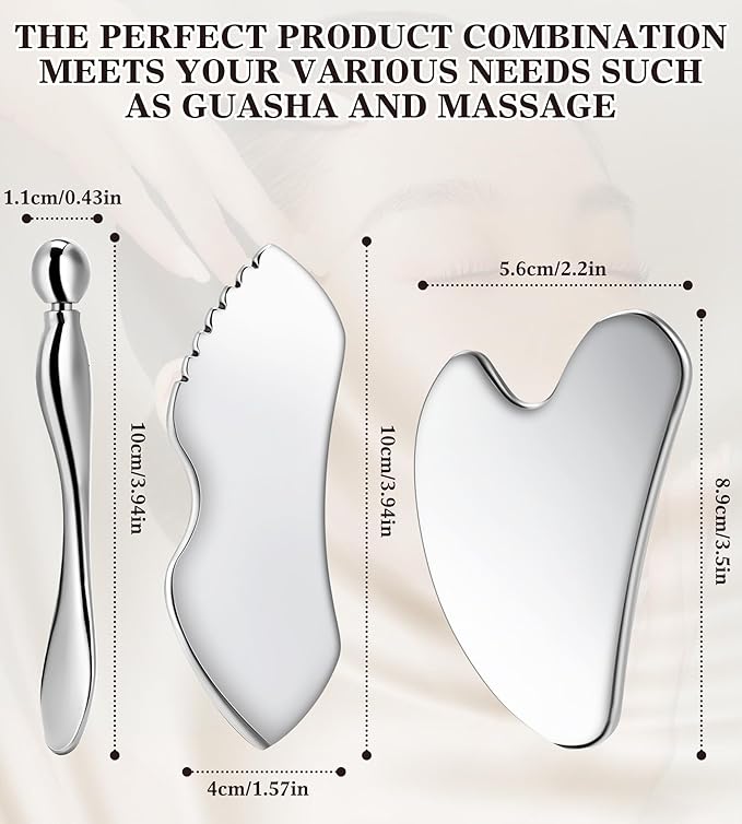 Gua Sha Facial Tools, 3 in 1 Stainless Steel Metal Guasha & Eye Cream Applicator Facial Sculpting Tool Set Eye Massager Lymphatic Drainage for Face Neck (Gift Box Set)(Boxed 2, Count, 3)