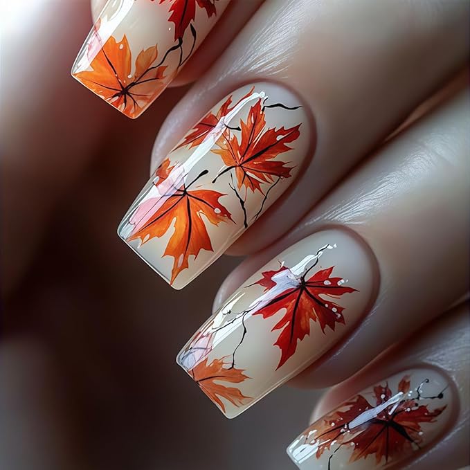 Fall Press on Nails Short Maple Leaf Fake Nails Glossy Full Cover Thanksgiving Glue on Nail Maple Leaves Acrylic Nails Autumn False Nail Square Stick on Nail for Women Holiday Manicure Tips 24Pcs
