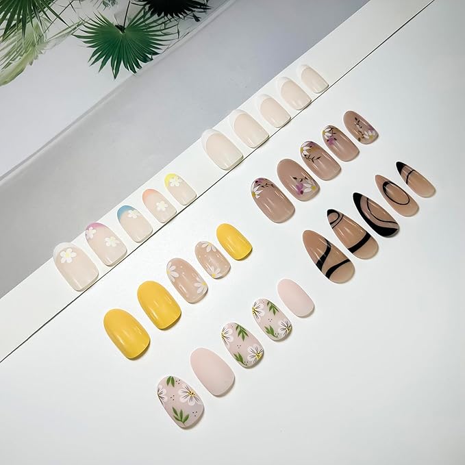 6 Packs (144 Pcs) Short Press on Nails - Flower Almond, Oval French Tip, Glue on Nails in 12 Sizes - 24 Fake Nails Kit for Women