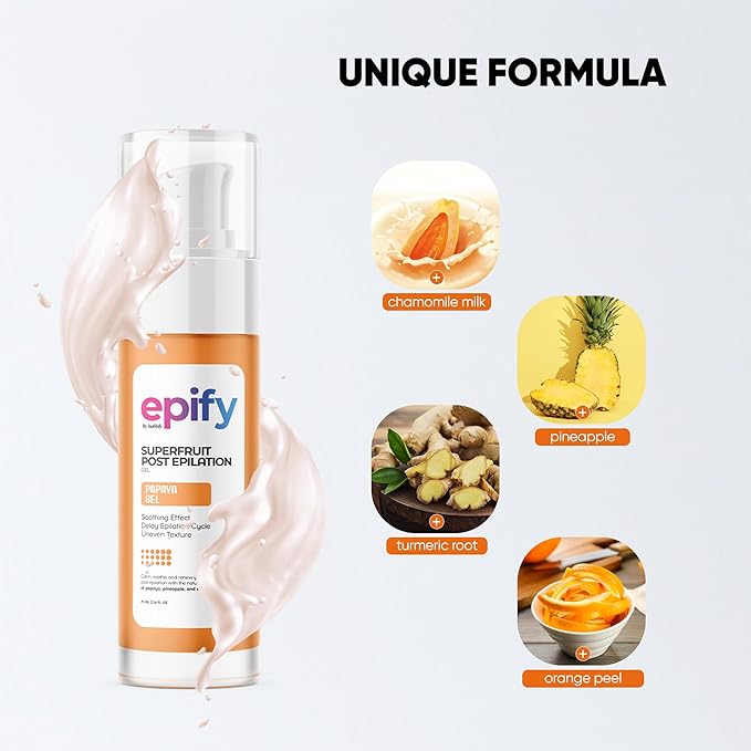 Epify Superfruit Post Epilation Papaya Gel, Hair Inhibitor for Face and Body, Non-Irritating Formula, Soothing Effect, Hair Growth Minimizer, 2.54 Fl Oz (1)