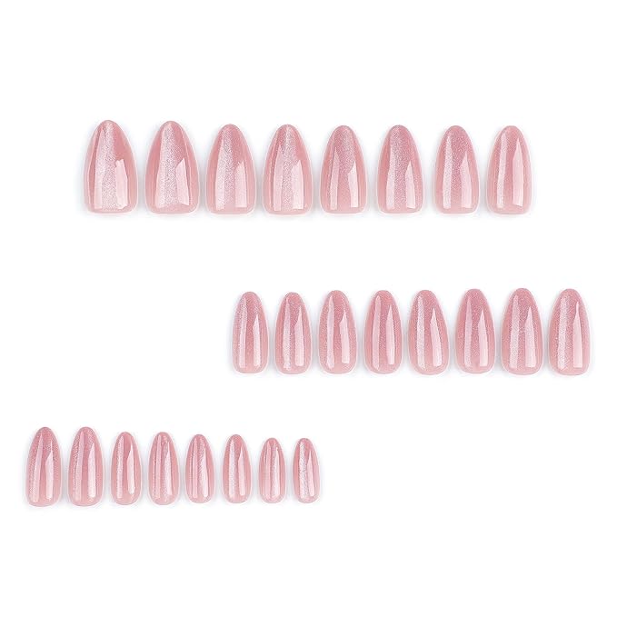 Nude Pink Glitter Cat eye Press-On Nails – 24 Long Oval Nails, 12 Sizes, Glossy Sparkly Design, Elegant & Long-Lasting, Includes Tool Kit, Easy DIY