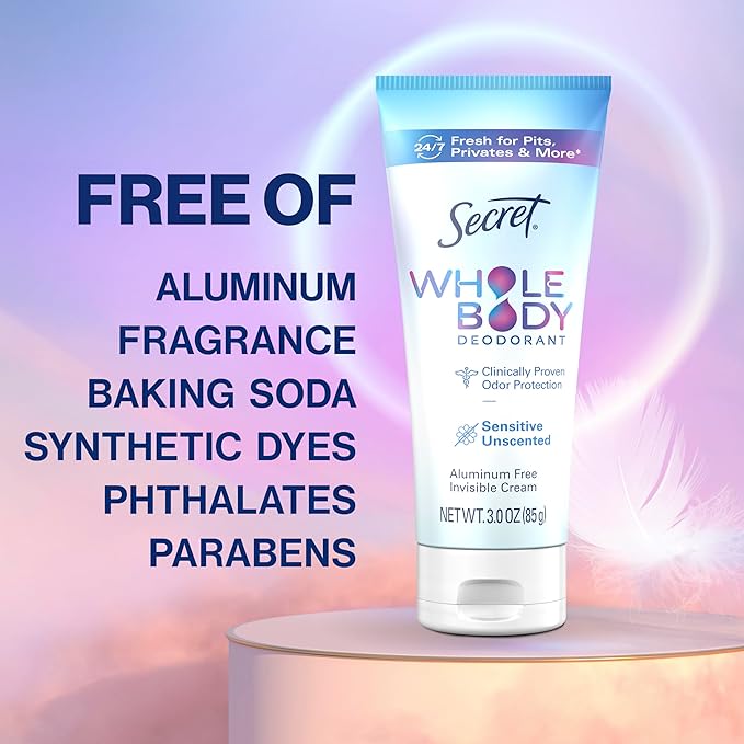 Secret Whole Body Deodorant Cream for Women, Unscented, Aluminum Free Deodorant Cream, 72 HR Odor Protection, 3.0 oz