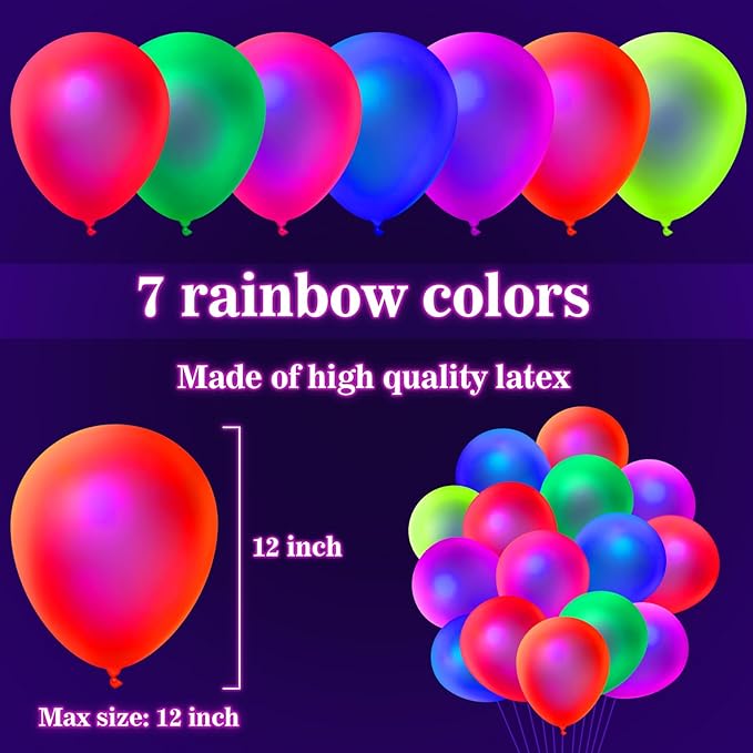 120 Pcs UV Neon Balloons, 7 Colors Blacklight Reactive Fluorescent Balloons Glow in the Dark Birthday Decorations for Birthday, Wedding, Neon Party, Glow Party Decorations Supplies