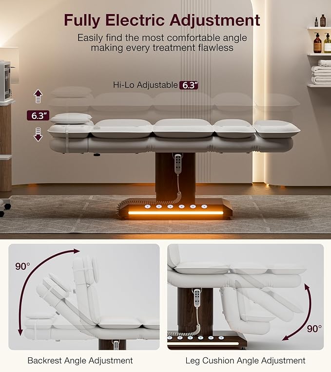 VARONXE Fully Electric Massage Table w/3 Motors, Professional Angle and Height Adjustable Spa Bed Facial Chair, Motorized Esthetician Bed Treatment Table for Beauty Salon, White