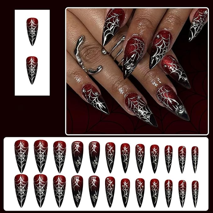 Halloween Press on Nails Long Fake Nails Glitter False Nails Red Black Gradient Silver Spider Web Bead Design 3D Spider Glue on Nail Full Cover Acrylic Nail for Women DIY Salon Manicure Kit