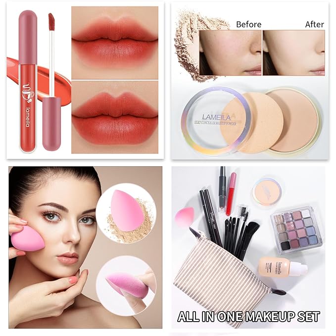Makeup Set Full Kit for Girls Teens Women, Makeup Present Set, Includes Eyeshadow, Foundation, Blusher, Eyebrow Pencil, Mascara, Eyeliner, Brushes, Lip Gloss, Sponge, Cosmetic Bag