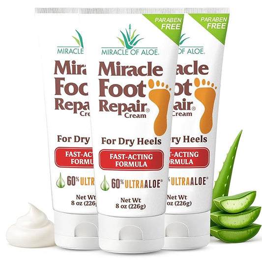 Miracle Foot Repair Cream (8 oz / 3-Pack) Repairs Dry Cracked Heels and Feet, 60% Pure UltraAloe Moisturizes, Softens, and Repairs