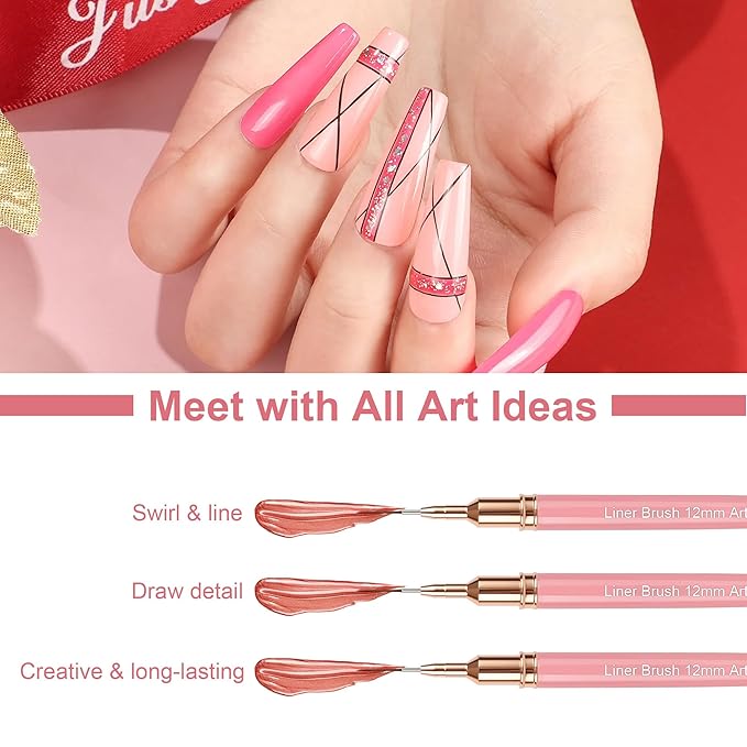 Artdone Metallic Nail Art Pens, Liner Brushes Set, 5PCS Pink Color Nail Tools For Long Lines, Thin Details, Fine Drawing, Liner Brush UV Gel Polish Painting Nail Design Sizes 5/8/12/20/25mm