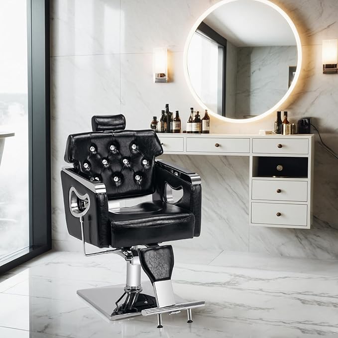 BarberPub Barber Chair Reclining Salon Chair for Hair Stylist, Antique Hair Spa Salon Styling Beauty Equipment 8132 (Black)