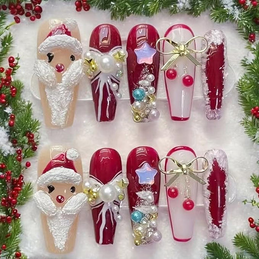 10Pcs Christmas Press on Nails Long Coffin Fake Nails with Gold Bow Charms Designs Luxury Pearls Christmas Tree Santa Claus False Nails Winter Artificial Stick on Nails for Women DIY Manicure Decor