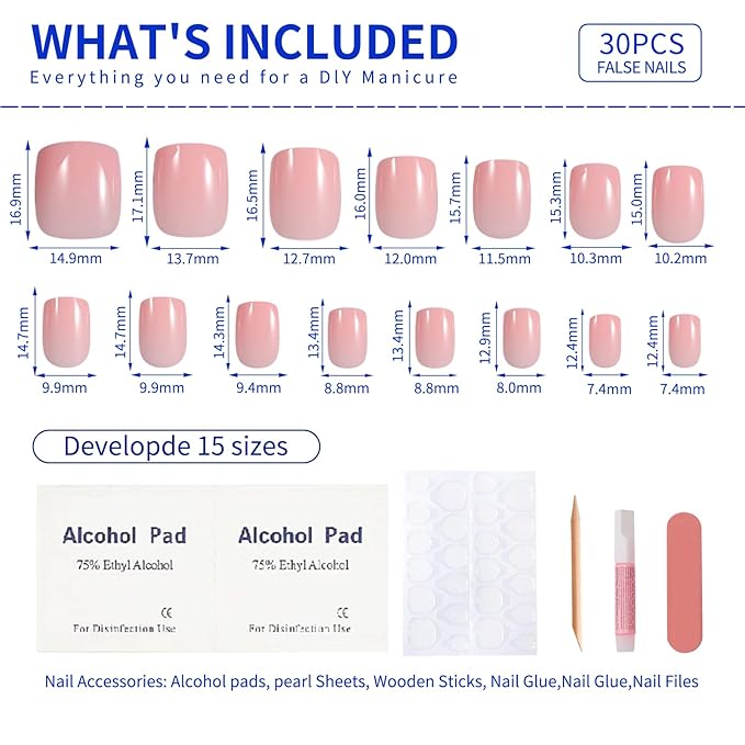 Blush Nude Press On Nails Short, Glossy Soft Gel Press On Nails Square with Nail Glue, 15 Sizes - 30 Fake Nails Kit, Thick Natural Reusable Glue On Nails for Women, Blush Serenity