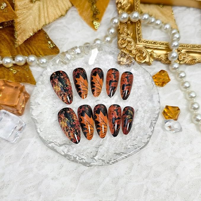 24Pcs Autumn Press on Nails Almond Medium Fake Nails Fall Leaves Acrylic Nails Maple Leaf Design Glossy Reusable Glue on Nail Full Cover Thanksgiving Stick on Nails for Women DIY Manicure