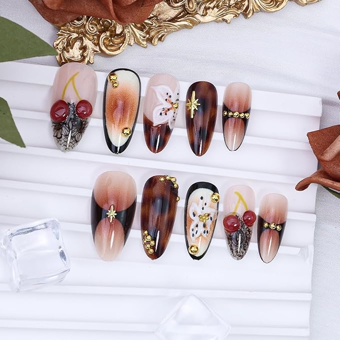 24Pcs Fall French Tip Press on Nails Medium Almond Fake Nails 3D Handmade False Nails Gold Beads Design Fall Flower Acrylic Nail Cherry Star Gems Cute Glue on Nails for Autumn Winter Manicure