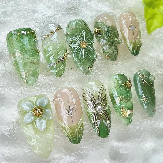 30pcs Green Press on Nails Medium Almond Fake Nails With 3D Flower Pearl Rhinestone Design Gold Beads Butterfly False Nails Star Glue on Nails 3D Summer Floral Full Cover Stick on Nails for Women
