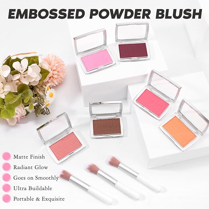 Rosewood Blush Powder Blush for Cheeks with Brush, Matte Blush Palette Blush Powder Face Blusher, Natural Blendable Formula Silky Lightweight Makeup Blush Rubores de Maquillaje, 012#