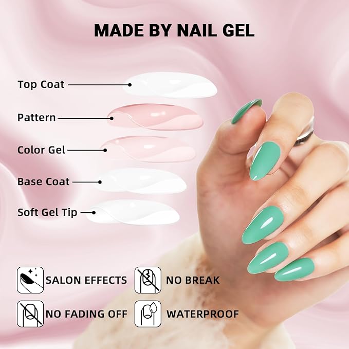 WOOYAS Press On Nails Almond, Handmade Gel Fake Nails Glossy Fake Nails Medium Length Solid Jungle Green Artificial Nail Kits Reusable Full Cover for Women Girls Gift, 24Pcs