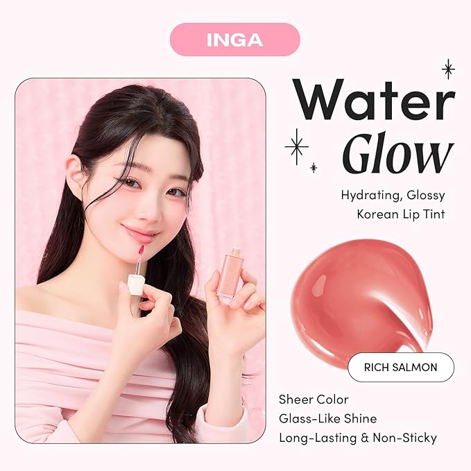 INGA Water Glow Lip Tint | Hydrating, Glossy Korean Lip Tint with Sheer Color & Glass-Like Shine | Long-Lasting, Non-Sticky Korean Lip Stain (RICH SALMON)
