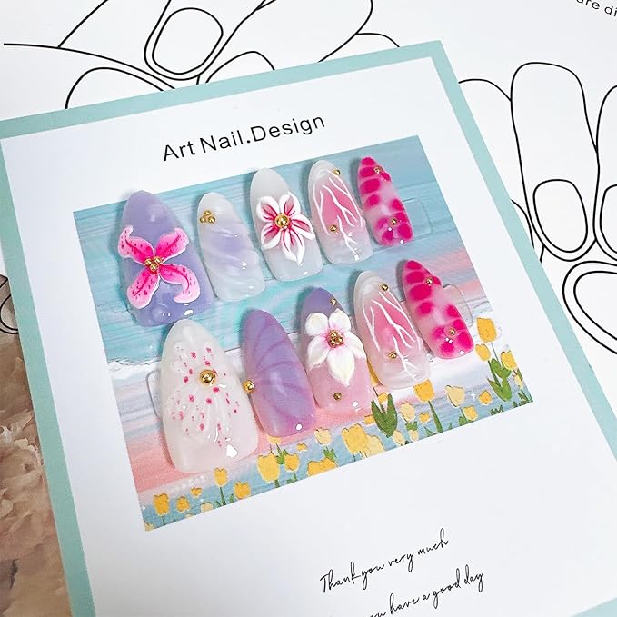 30pcs Pink Flower Press on Nails Medium Almond Fake Nails with 3D Cute Flowers Gold Beads Designs Summer Floral False Nails Kit Handmade Full Cover Acrylic Nail Tips Glue on Nails for Women