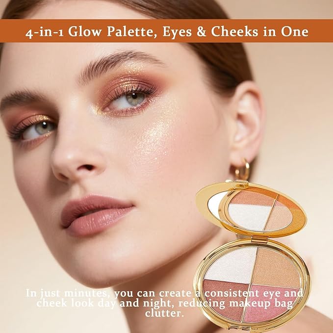 Eye & Cheek Palette - Eyeshadow and Highlighter Makeup (with Detachable Brush), Makeup Palettes Contour Kit, Shimmer Glow Face Highlighter Palette for Women Face, Natural Glow Contour Powder ((2pcs))