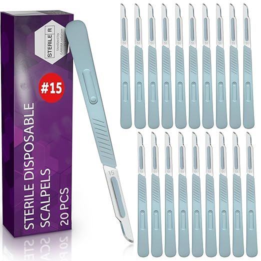 Disposable #15 Scalpel Blades, Sterile Pack of 20 Dermaplaning Blades with Plastic Scalpel Handle, Surgical Knife Scalpel for School Science, High Carbon Steel Dermablade Surgical Blades