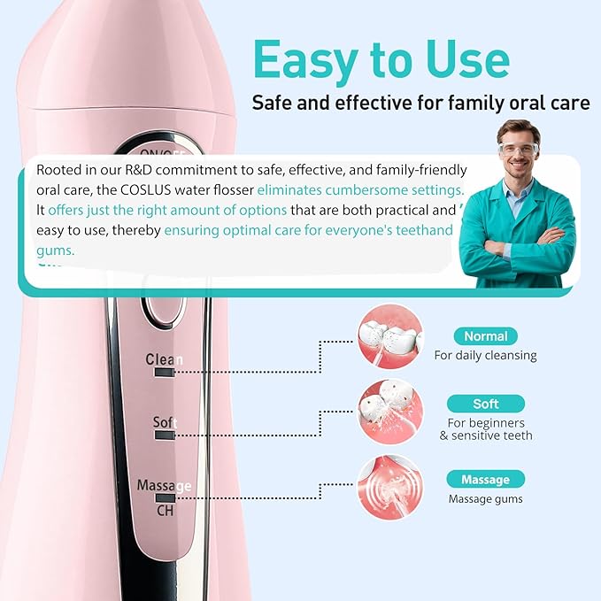 COSLUS Water Dental Flosser Teeth Pick: Portable Cordless Oral Irrigator 300ML Rechargeable Travel Irrigation Cleaner IPX7 Waterproof Electric Flossing Machine for Teeth Cleaning C20(F5020E) Pink