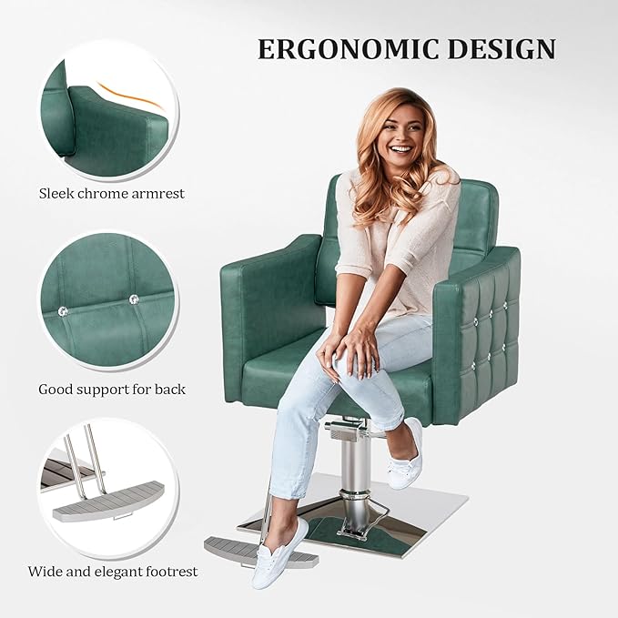 Salon Styling Chair for Hair Stylist Wide Seat, Hydraulic Barber Chair with Aluminium Footrest, Green Hair Salon Chair Heavy Duty, Beauty Spa Cosmetology Shampoo Hairdressing Equipment