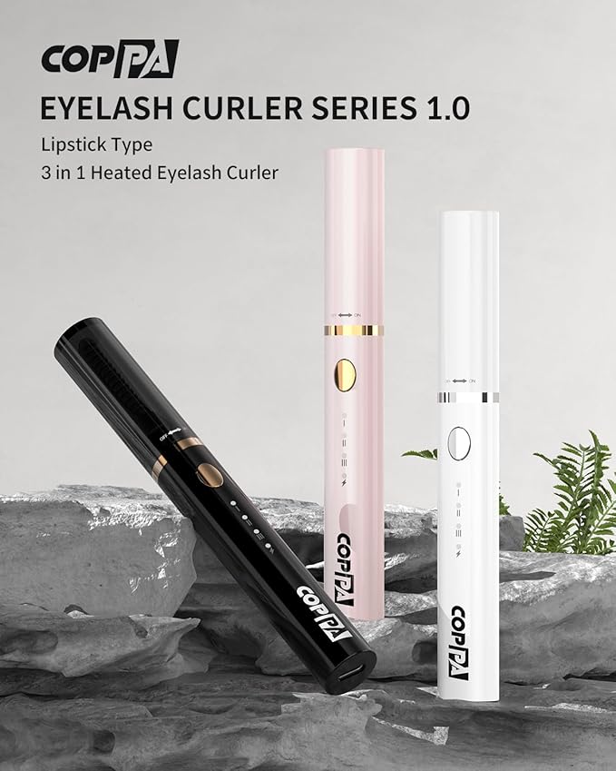 COPPA Electric Lash Curler, LP-1 Lipstick Type 3-in-1 Heated Eyelash Curler with 3 Brush Heads 3 Curling Modes and 3 Temp & 5s Quick Heat-up, Perfect for Beginners and Makeup Pros, White