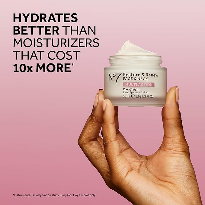 No7 Restore & Renew Multi Action Face & Neck SPF 30 Day Cream - Firming & Hydrating Face Moisturizer with Hyaluronic Acid to Help Visibly Reduce the Appearance of Wrinkles (1.69 Fl Oz)
