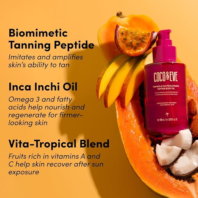 Coco & Eve Firming & Tan Prolonging Peptide Body Oil. Up to 28 Days Natural Tan Extender. After Sun Care with Tropical Oils, Vitamins C & E for Nourished, Glowy & Visibly Firmer Skin. (5.75 fl oz)