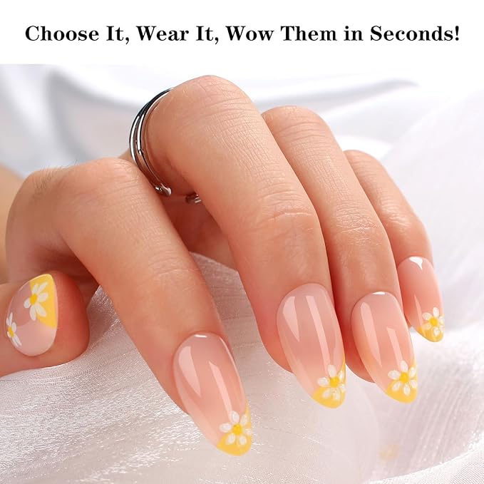 Yellow French Tip Press-On Nails with White Daisy Design, Almond Shape, Glossy Reusable Fake Nails, 24Pcs Full Cover Manicure Set