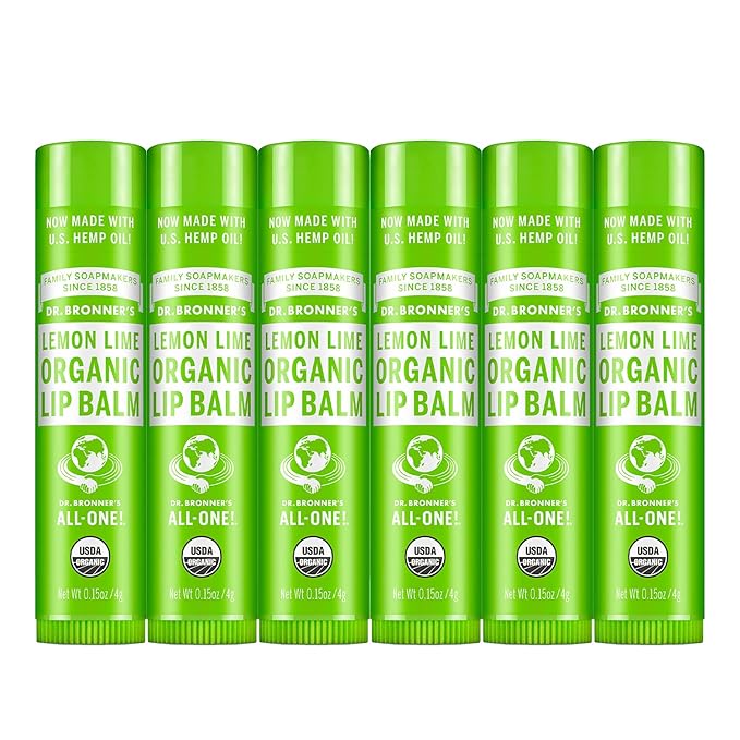 Dr. Bronner’s Organic Lip Balm 6-Pack (.15oz) Natural, Moisturizinging, Petroleum-Free Lip Balm with Beeswax & Avocado Oil for Dry Lips, Men & Women - Lemon Lime