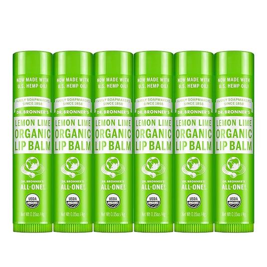 Dr. Bronner’s Organic Lip Balm 6-Pack (.15oz) Natural, Moisturizinging, Petroleum-Free Lip Balm with Beeswax & Avocado Oil for Dry Lips, Men & Women - Lemon Lime