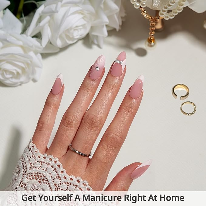 BTArtbox French Tip Press On Nails - Lamp-Curable 3D Medium Almond Press On Nails with Glue for Women, Semi-Transparent Soft Gel Glue On Nails in 15 Sizes - 30 Stick On Nails Kit, Prom Queen