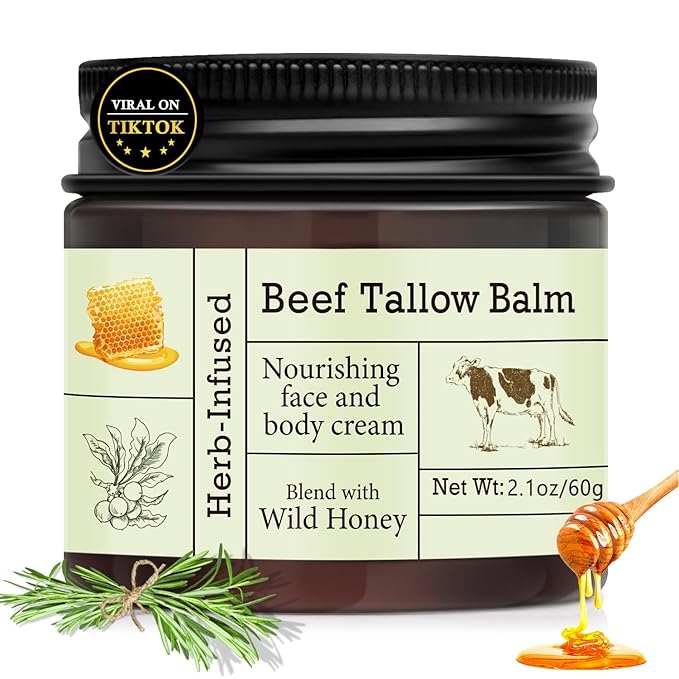 Beef Tallow For Skin – Natural Tallow and Honey Balm Face Moisturizer, Organic Grass-Fed Tallow, Deeply Nourishing Whipped Skin Balm for Face & Body, Moisturizing Cream for Dry Skin