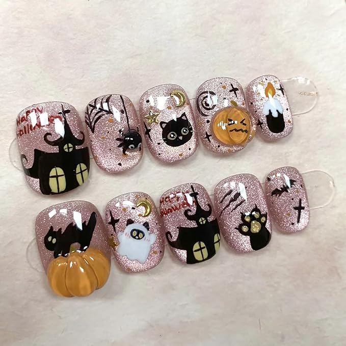 30Pcs Cute Cat Press on Nails Short Halloween Fake Nails with Goth Spider Web Pumpkin Bat Ghost Designs Pink Cat False Nails Full Cover Artificial Glue on Nails Star Stick on Nails for Women DIY