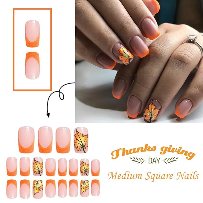 Maple Leaf Press on Nails Glossy Orange French Tip Fake Nails Thanksgiving Medium Square Glue on Nails Fall Maples Acrylic False Nail Autumn Leaves Stick on Fingernails for Women 24Pcs