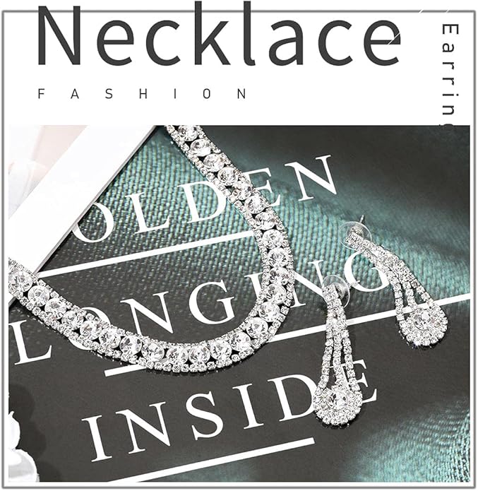 Yean Bride Silver Necklace Earrings Set Rhinestone Bridal Wedding Jewelry Sets Crystal Choker Necklace for Women (Set 3)