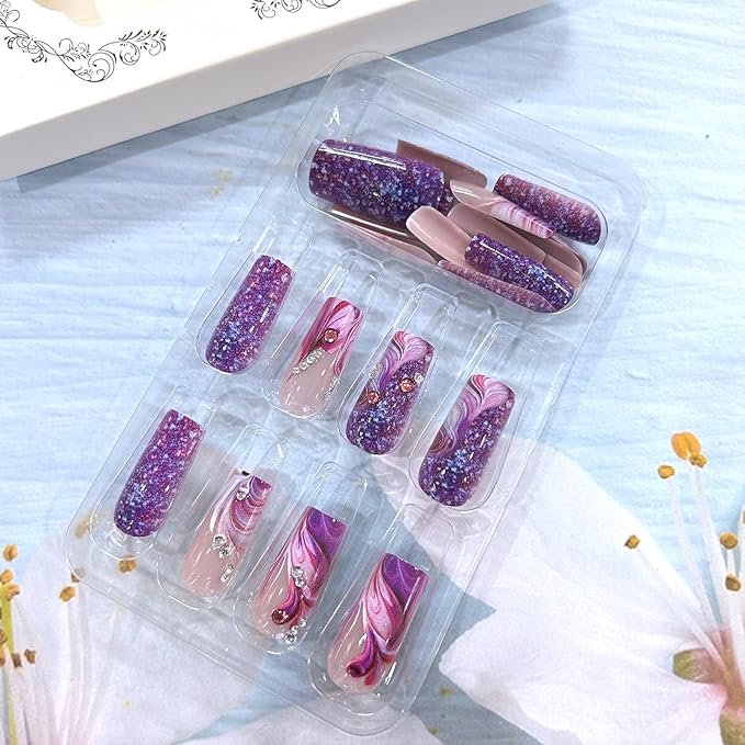 Purple French Tip Press on Nails Medium Ballet Shaped Stripes Purple Glitter Powder Design Full Cover Artificial Stick on Nail Rhinestones False Nail Acrylic Press Ons Glue on Nails for Women 24Pcs