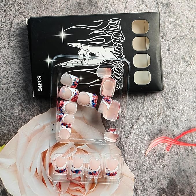 24Pcs Independence Day Nails French Tip Press on Nails Short Square Fake Nails Glitter Star Tip Glue on Nails 4th of July False Nails Patriotic Acrylic Nails for Women Independence Day Artificial Nail