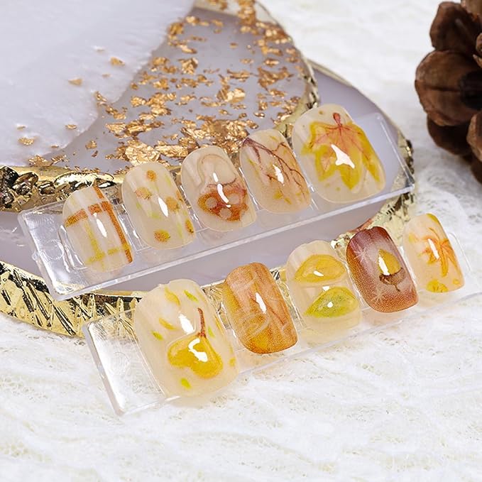 30Pcs Fall Press on Nails Short Square Fake Nails 3D Maple Leaf Glue on Nails Autumn Leaves Pinecone Design Thanksgiving False Nails Fall Artificial Acrylic Nail for Women DIY Holiday Manicure