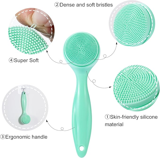 2 Pack Silicone Face Scrubber Exfoliating Brush, Manual Handheld Facial Cleansing Brush Blackhead Scrubber, Soft Bristles Waterproof for Face Skincare (Round-Green)