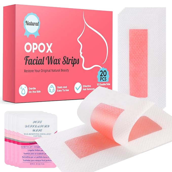 20PCS Facial Wax Strips for Hair Removal, Facial Hair Removal for Women, Waxing Kit for Women's Face, Bikini, Chest, Body, Arms, Legs, Back, & Brazilian | 20ct Waxing Strips & 4 calming Oil Wipes