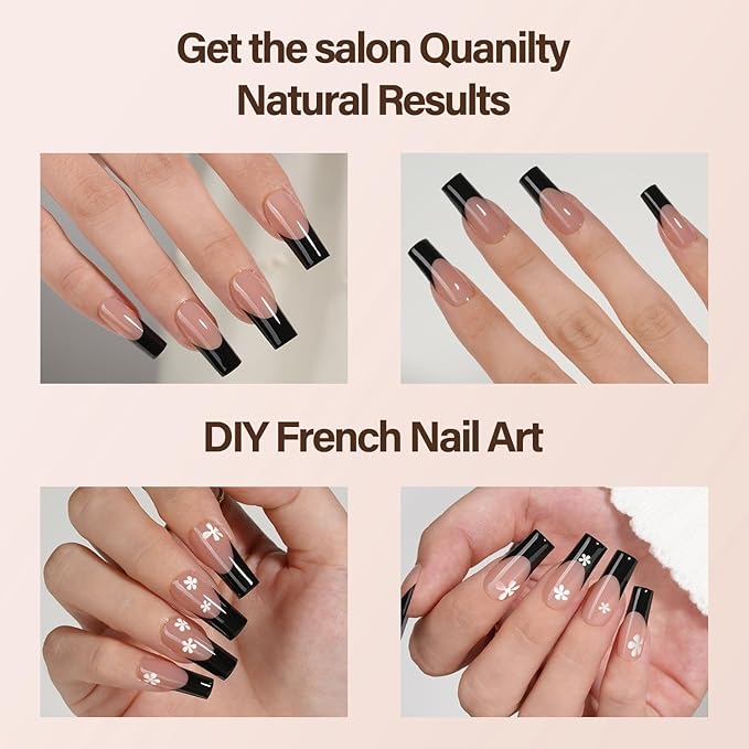 150Pcs Black French Gel Nail Tips, Vansiho Long Square Nail Tips, Pre-French Tips Press on Nails Brown, Fake Nails for Nail Art DIY 15 Sizes